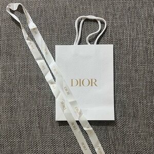 Dior Small Gift Purchase Bag + 61” Ribbon White Gold Logo Authentic